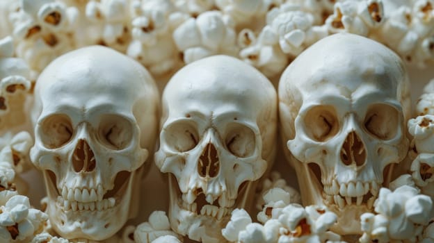 Three skulls are sitting in a pile of popcorn