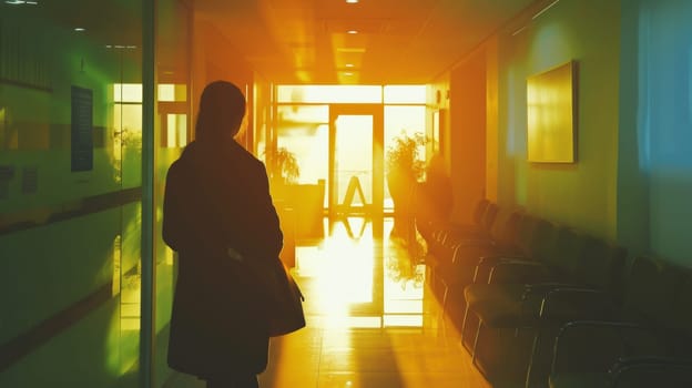 A woman standing in a hallway with the sun shining through