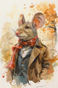 A painting of a mouse wearing an overcoat and scarf