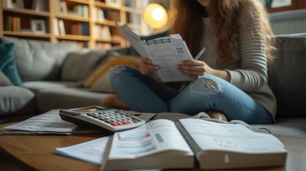 A woman sitting on a couch with books and calculator