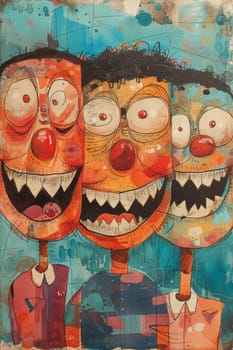 Three cartoon characters painted on a painting of an old man