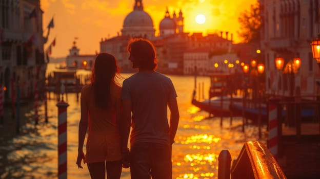 Traveling couple enjoying a romantic evening on a city street in Venice, Italy - Tourism and love concept
