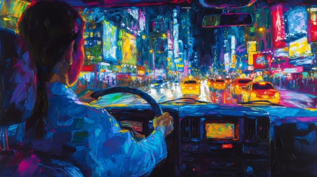 A painting of a woman driving in the city at night