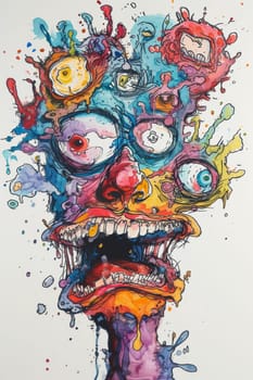 A drawing of a colorful face with eyes and mouth painted on it
