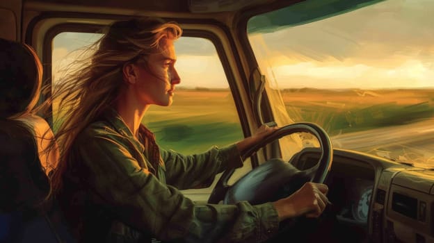 A woman driving a truck with her hair blowing in the wind
