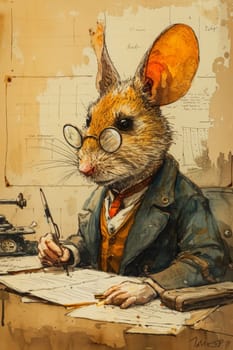A painting of a mouse wearing glasses and writing at the desk