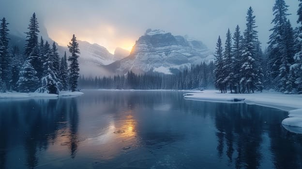 Yoho National Park, Field, Canada - December 9, 2019: Emerald Lake at Sunset