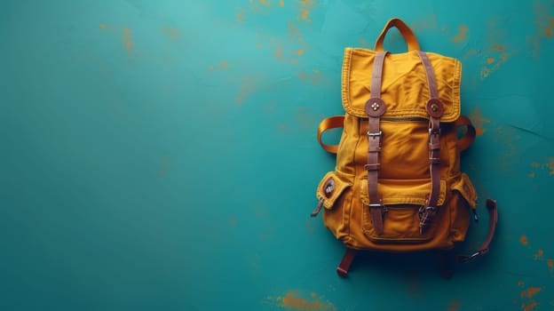 Printed backpack with an airplane on a colored background. Concept for World Tourism Day