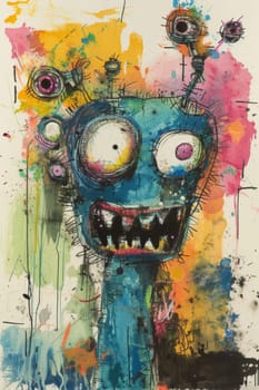 A painting of a blue monster with big eyes and many teeth