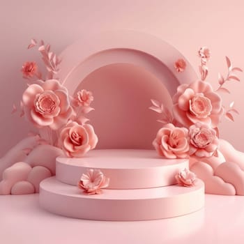 Podium background flower rose product for advertising. Generative AI.