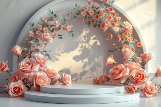 Podium background flower rose product for advertising. Generative AI.