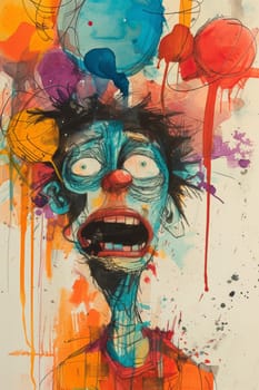 A painting of a man with balloons and paint on his face