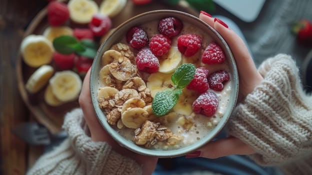 An image of a woman eating breakfast in the morning as she works on her laptop at home