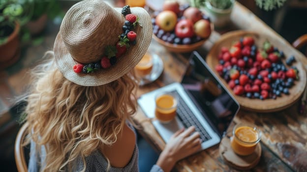 View from above of a woman eating breakfast while working on her laptop at home