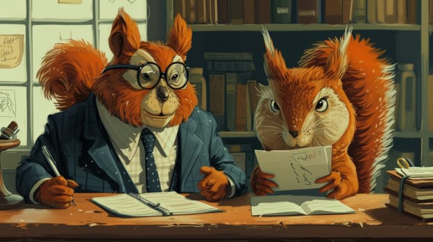 A cartoon squirrels are sitting at a desk reading papers