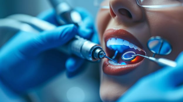 A woman getting her teeth cleaned by a dentist in blue gloves