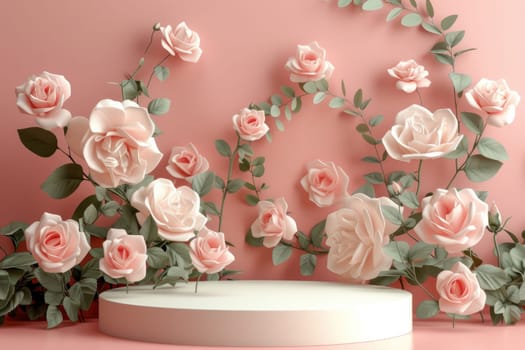 Podium background flower rose product for advertising. Generative AI.