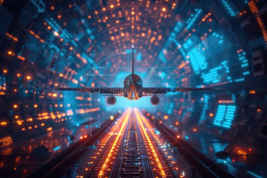 Plane with futuristic technology background. Generative AI.