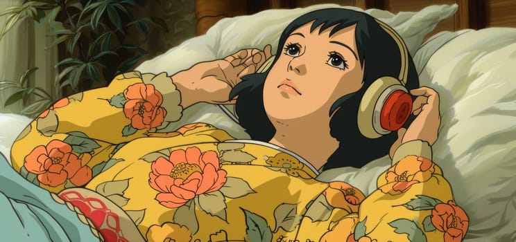A woman laying in bed with headphones on listening to music