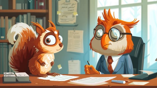 A cartoon squirrel and owl sitting at a desk with papers