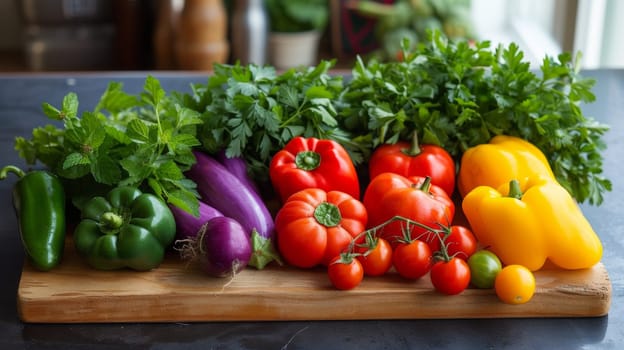 A wooden cutting board with a variety of vegetables on it