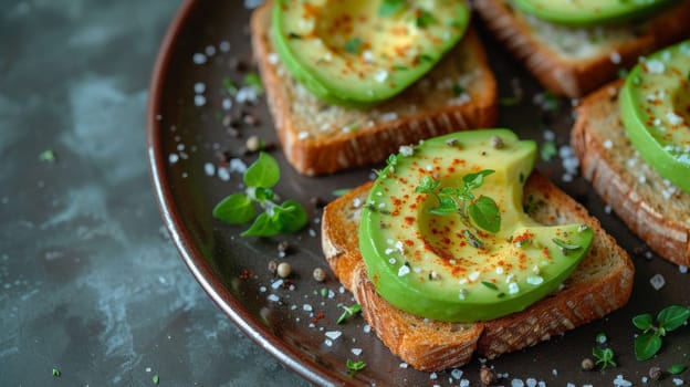 A plate of avocado toast with herbs and salt on a table