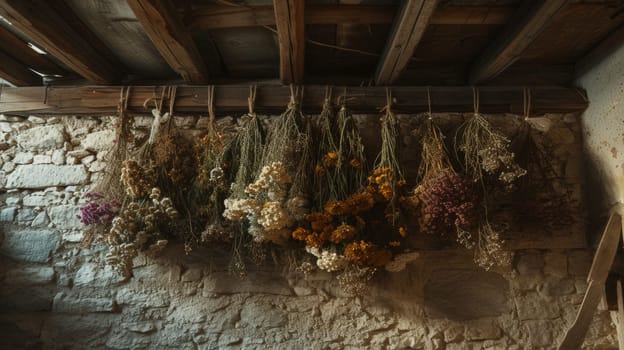 A bunch of dried flowers hanging from a stone wall