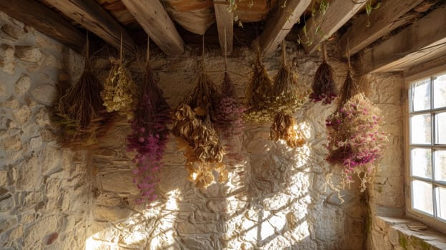 A bunch of dried flowers hanging from a wall in front of the window