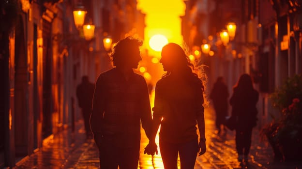 Vacationers in Venice, Italy - Couple having fun on city street at sunset - Tourism and love concept