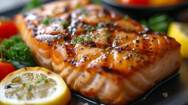 A close up of a piece of fish with lemon and tomatoes