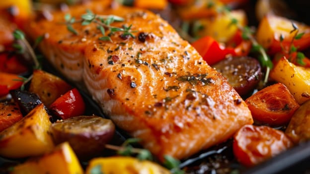 A close up of a pan with some fish and vegetables