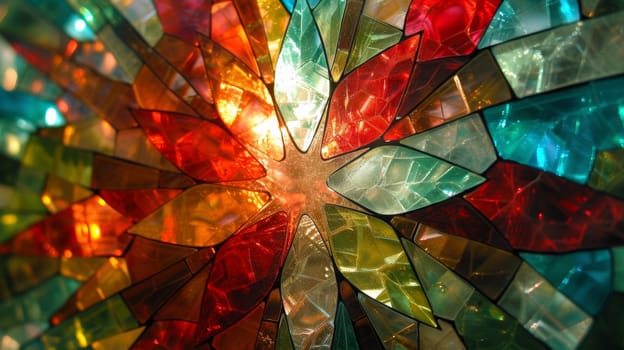 A close up of a colorful stained glass piece with many colors