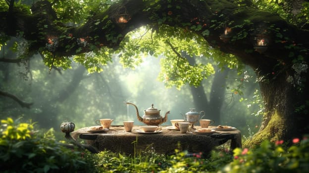 A table with tea cups and saucers on it in a forest