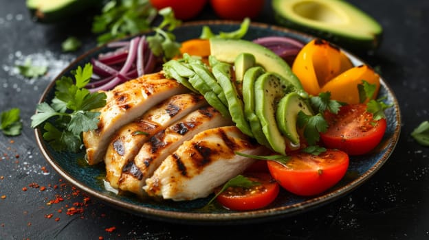 A plate of chicken, avocado and tomatoes with a side salad