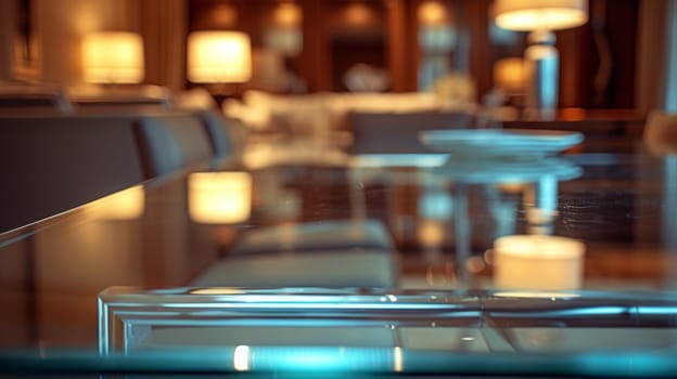 A glass table with a lamp on it and some chairs