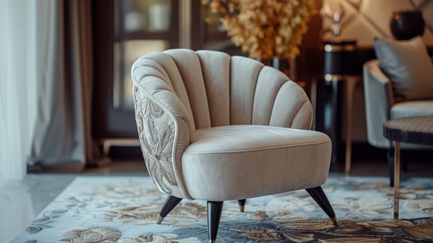 A chair sitting in a room with some plants and furniture