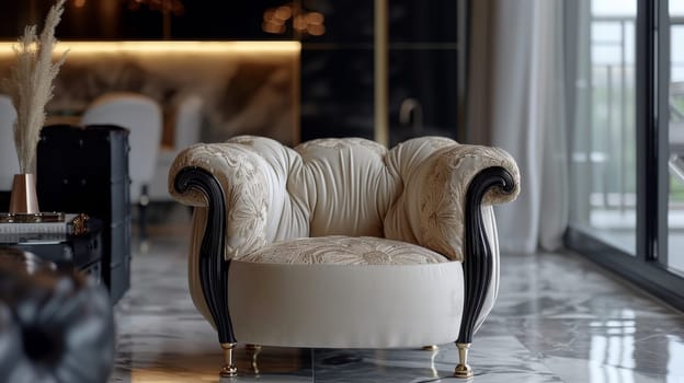 A chair sitting in a room with black and white decor