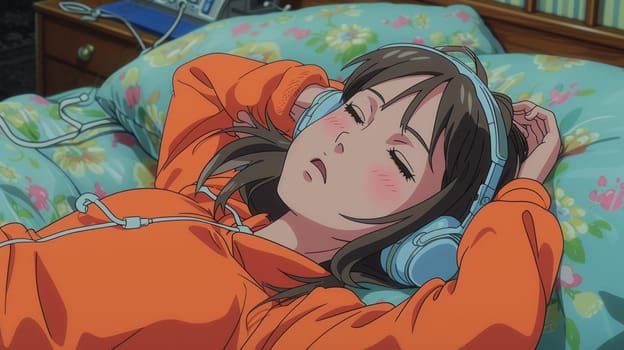 A woman laying on a bed with headphones listening to music