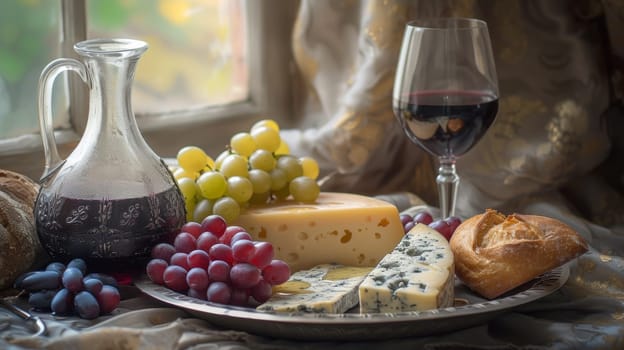 A plate of cheese, grapes and bread with a glass of wine