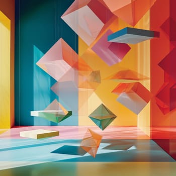A colorful paper shapes are suspended in the air on a wall