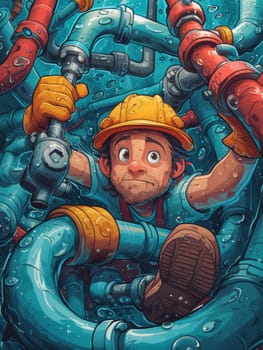 A cartoon of a man in hard hat and safety vest surrounded by pipes