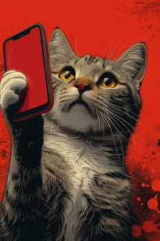 A cat holding up a cell phone with its paw