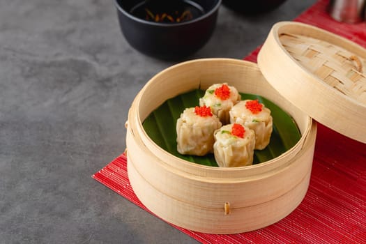 Shumai with shrimp and mushrooms, a traditional Chinese dumpling often served with dim sum