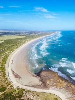 The idyllic Thirteenth Beach near Barwon Heads from Breamlea on a hot summer's day in Victoria, Australia