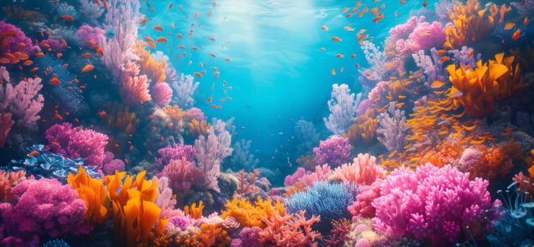 A beautiful underwater scene of a coral reef with many fish