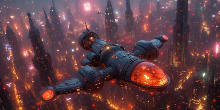 A futuristic spaceship flying over a city with glowing lights