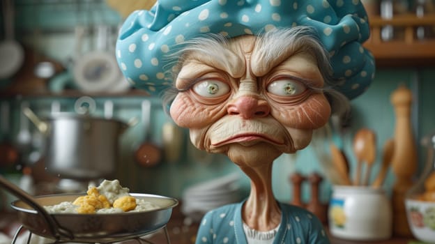 A cartoon character with a blue cap and an old fashioned kitchen