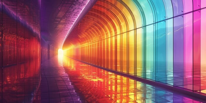 A long tunnel with a rainbow colored wall and floor