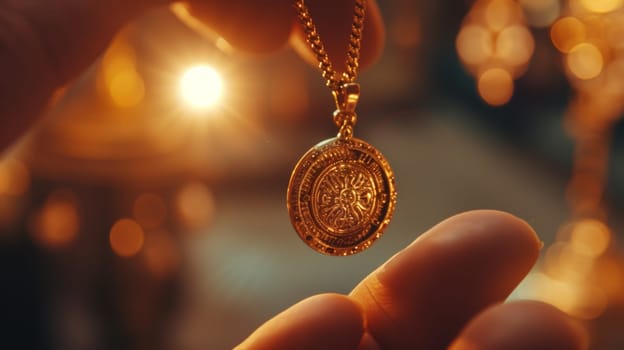 A person holding a gold coin necklace in their hand