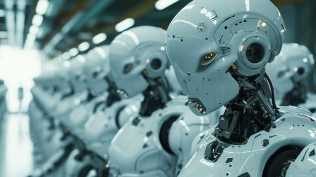 A row of robots lined up in a warehouse with white lights